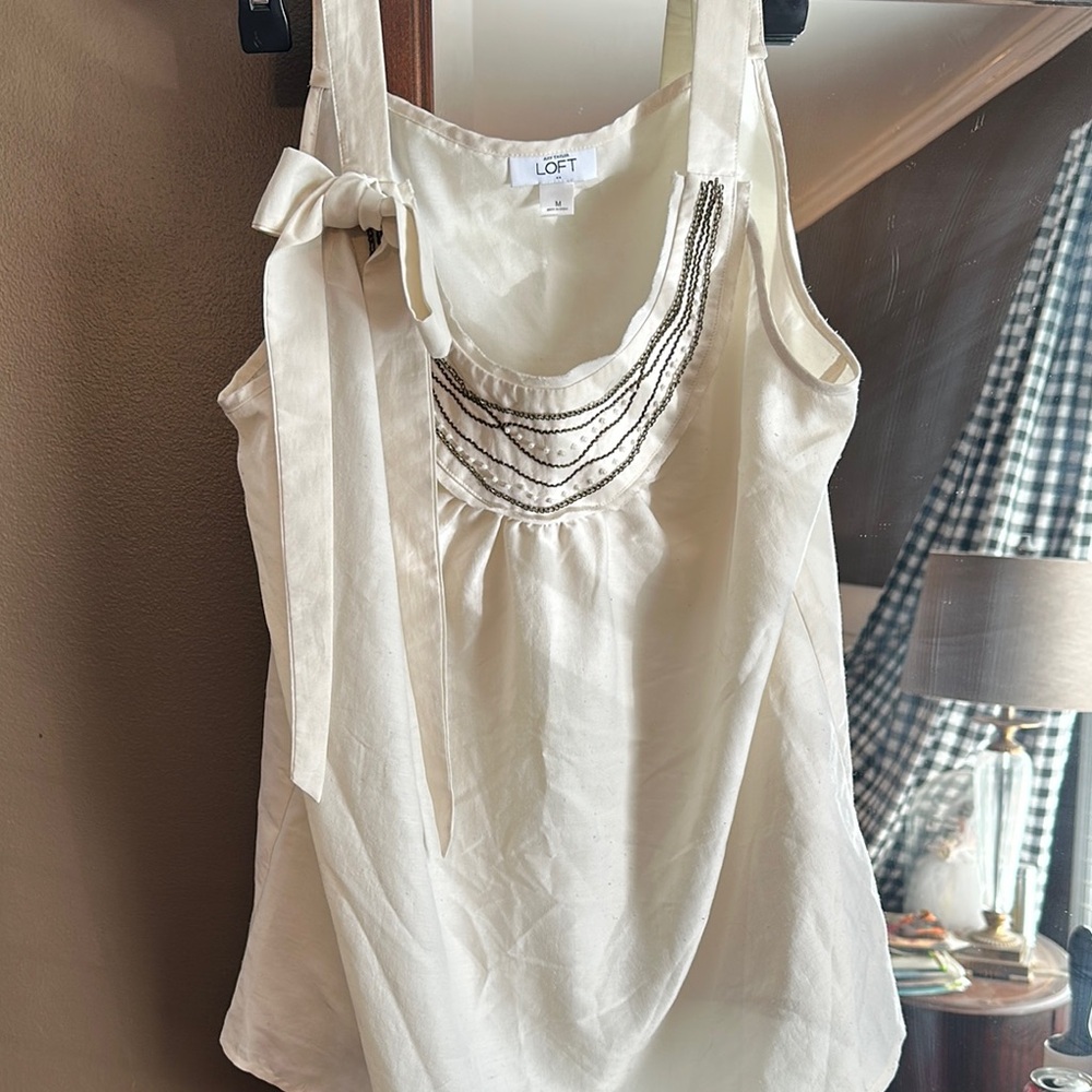 LOFT Cream Sleeveless Top with Beaded Detail